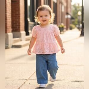 Old Navy Short-Sleeve Lace Top and Chambray Pants Set for Toddler Girls-Pink Sky